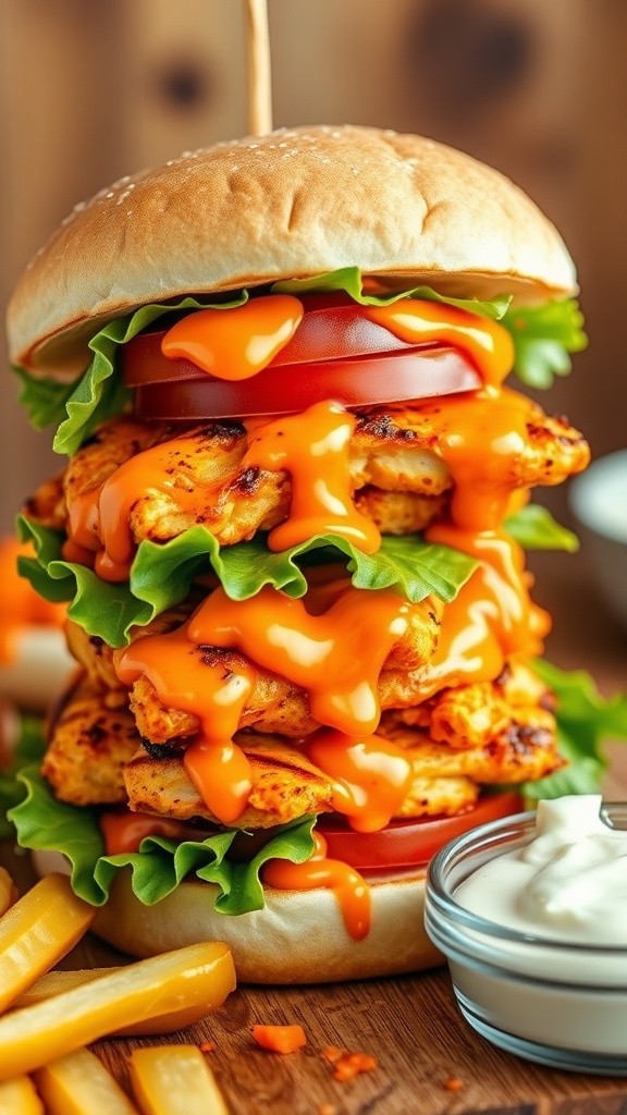 Spicy buffalo chicken sandwich with lettuce, tomato, and ranch dressing on a toasted bun, served with pickles.
